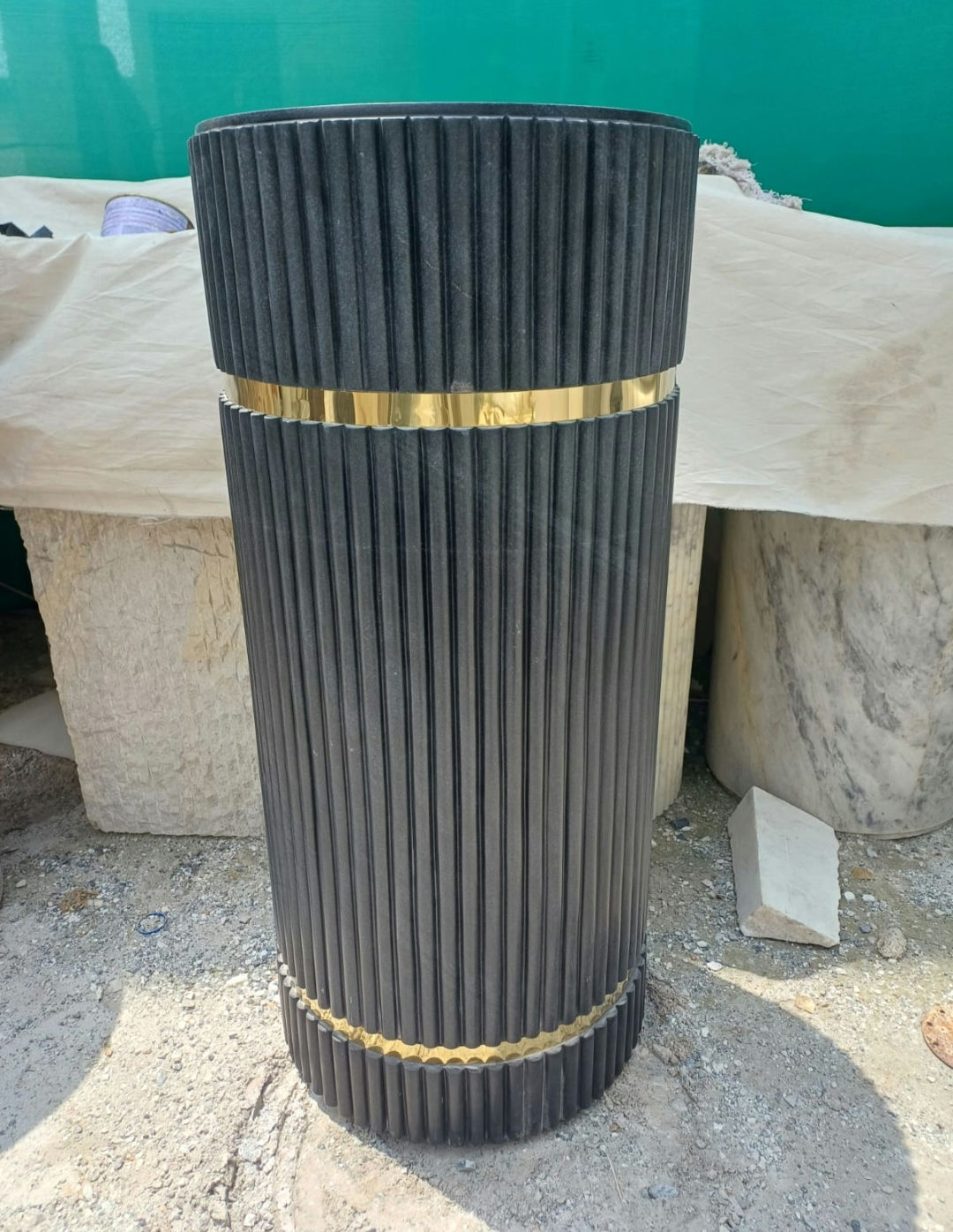 Black Marble Pedestal Washbasin Sink With Brass Belt, Fluted Pedestal Sink