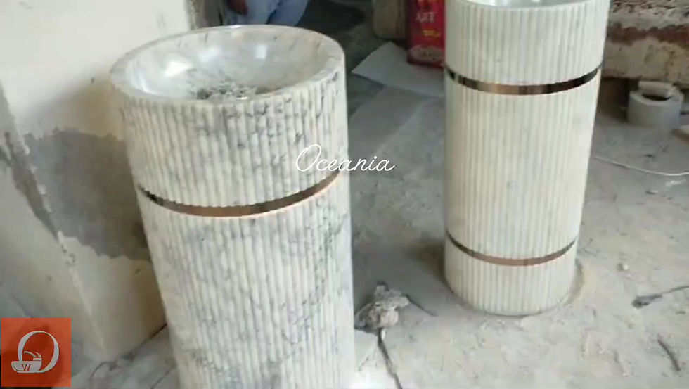 Thumbnail: OCEANIA White Marble Free Standing Pedestal Washbasin with Brass Inlay