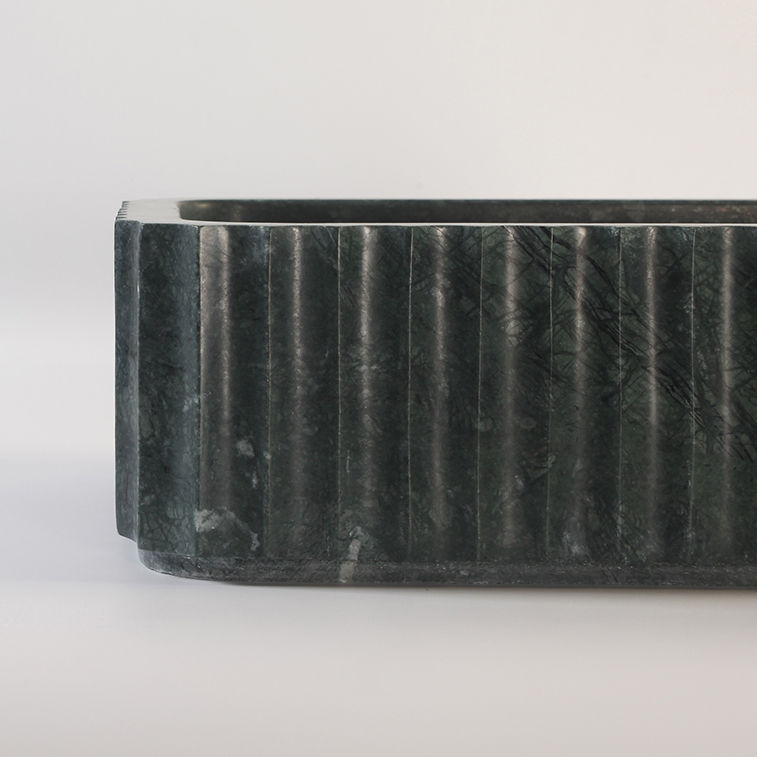 Thumbnail: Verde Green Fluted Marble Bathroom Vanity Sink, Washbasin Sink Handcrafted