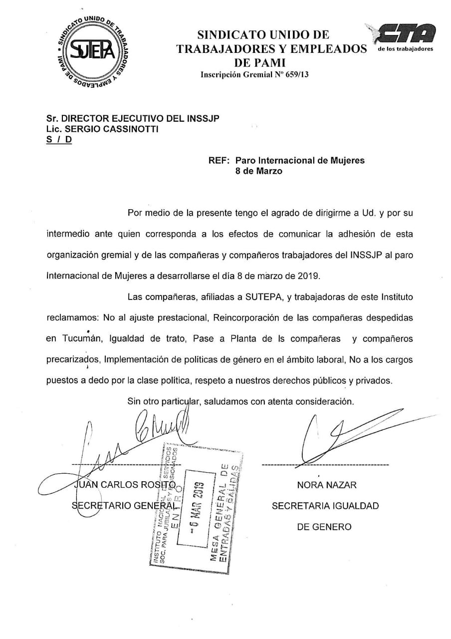 Carta de Sutepa a la dirección de PAMI