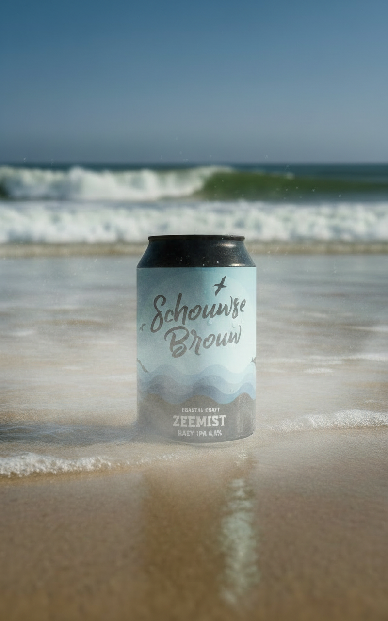 Schouwse Brouw bierblikje in het zand op het strand