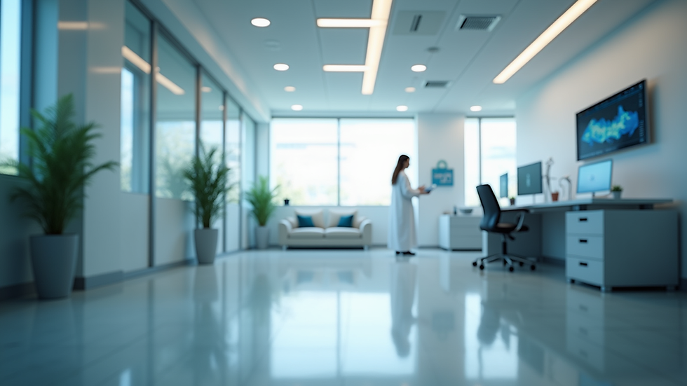 Eye-level view of a modern medical office with cloud technology setup