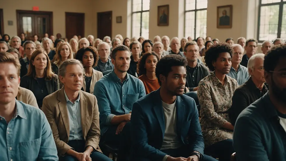 Eye-level view of a diverse group of citizens gathering for a community meeting
