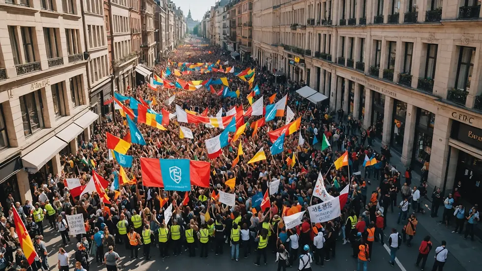 High angle view of a lively city street with protesters holding colorful banners