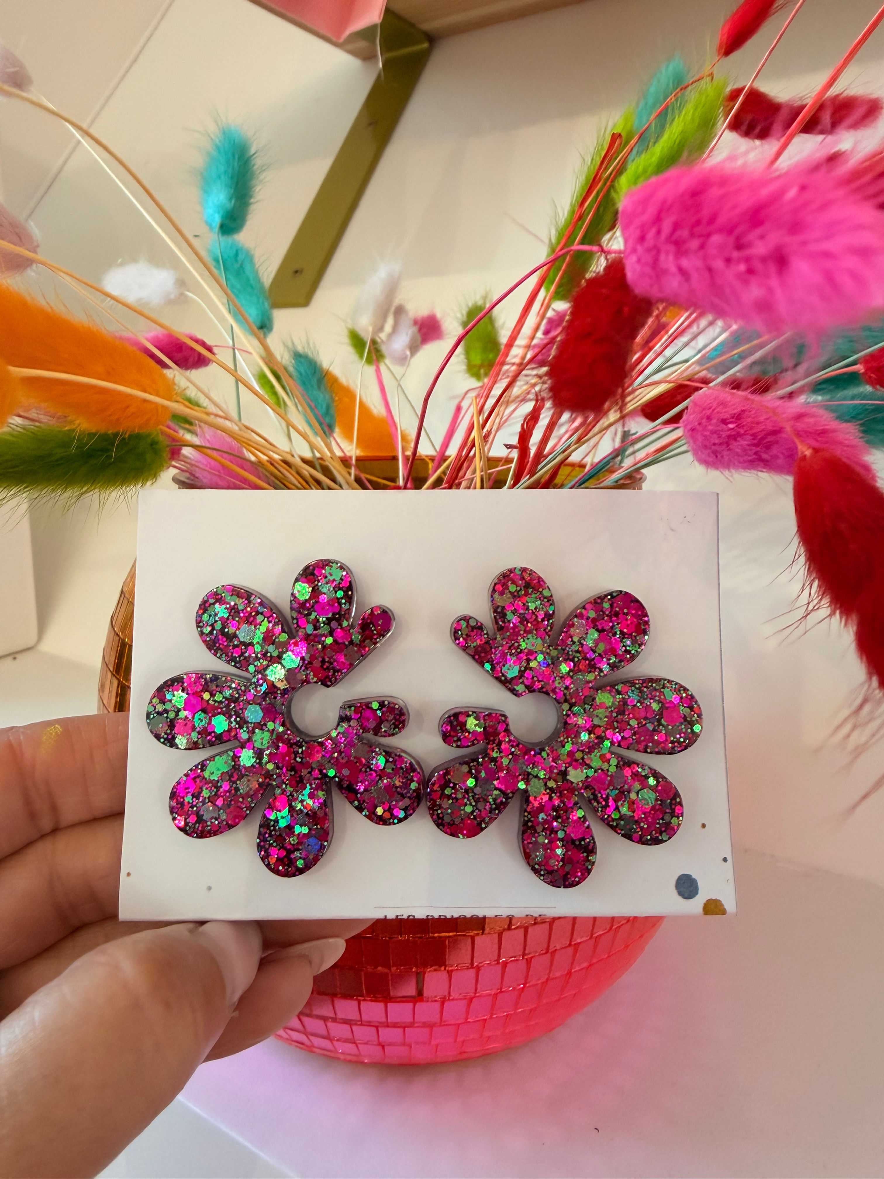 Boucles marguerite fushia vert