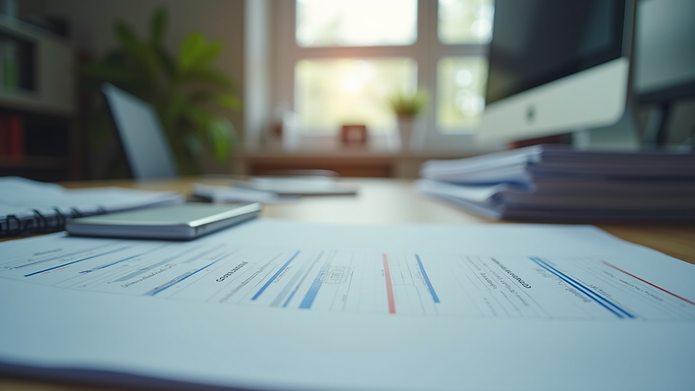 Eye-level view of a tidy office workspace with organised financial documents
