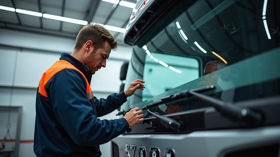 Eye-level view of a technician installing a new windshield on a semi truck