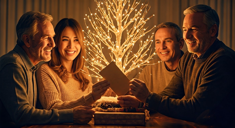 Tres personas reunidas en conversación íntima, compartiendo experiencias sobre su árbol genealógico. Imagen que representa la sanación ancestral, la conexión entre generaciones y el poder transformador de revisar nuestra historia familiar. Ideal para contenidos sobre constelaciones, vínculos y crecimiento personal.