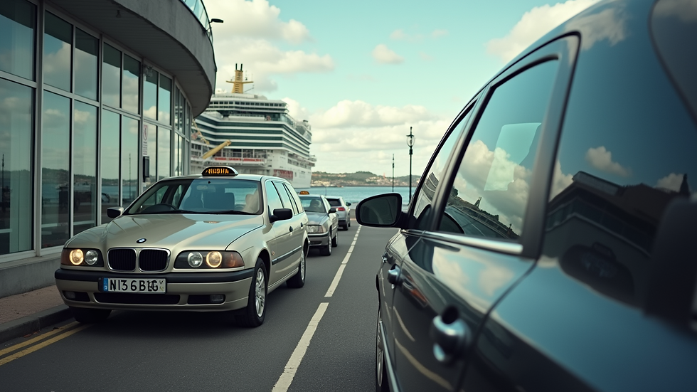 Eye-level view of a taxi waiting outside Dover Cruise Terminal