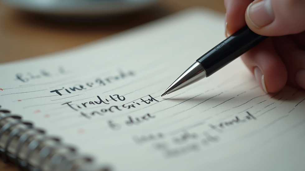 Close-up view of a notebook with handwritten notes and a pen