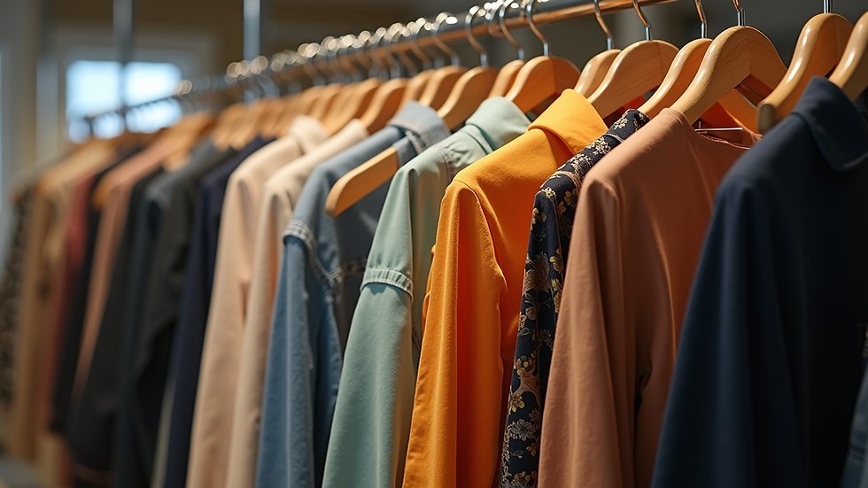 Eye-level view of a clothing rack displaying a variety of stylish outfits