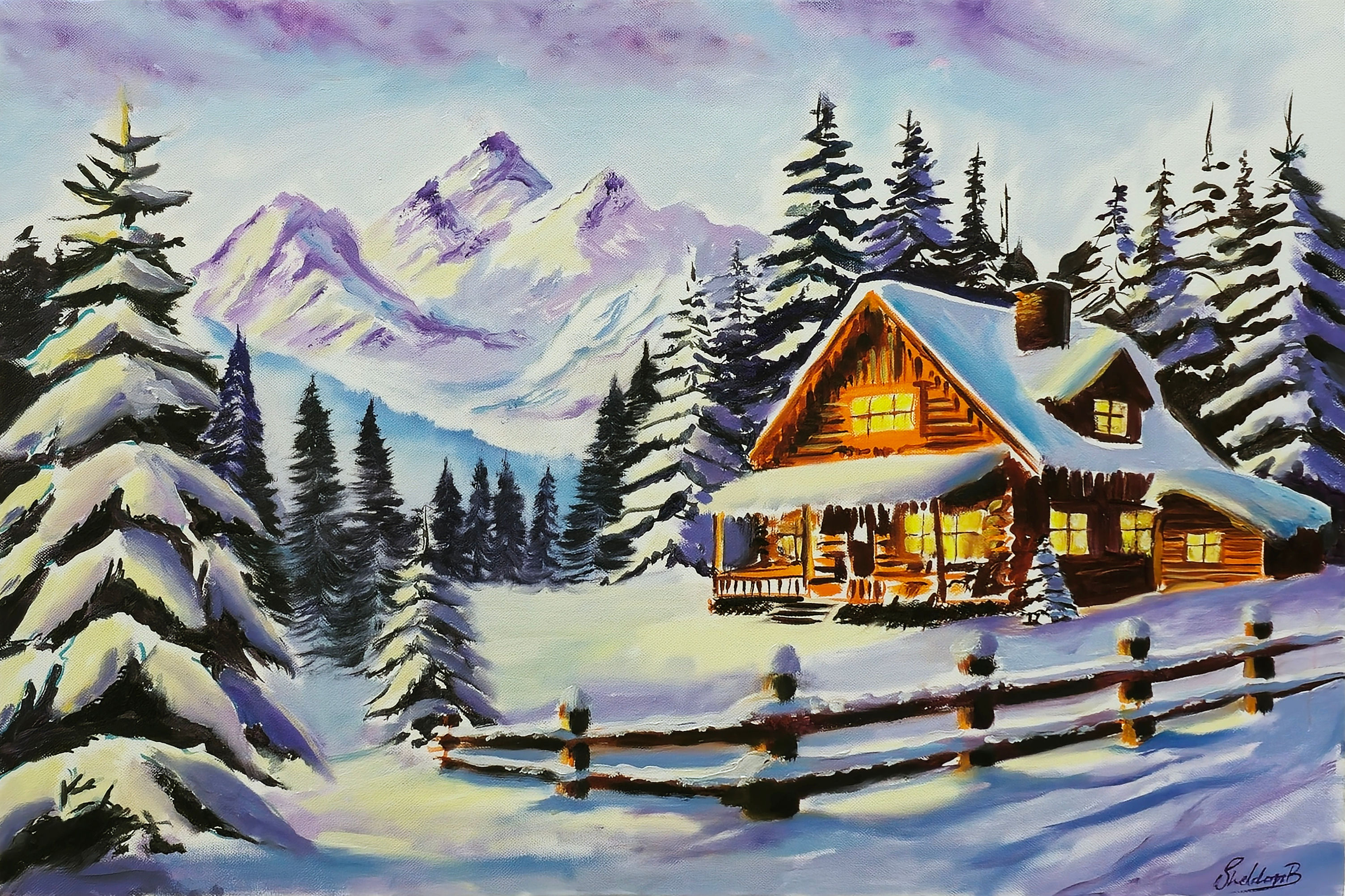 winter cabin cottage snowy landscape trees