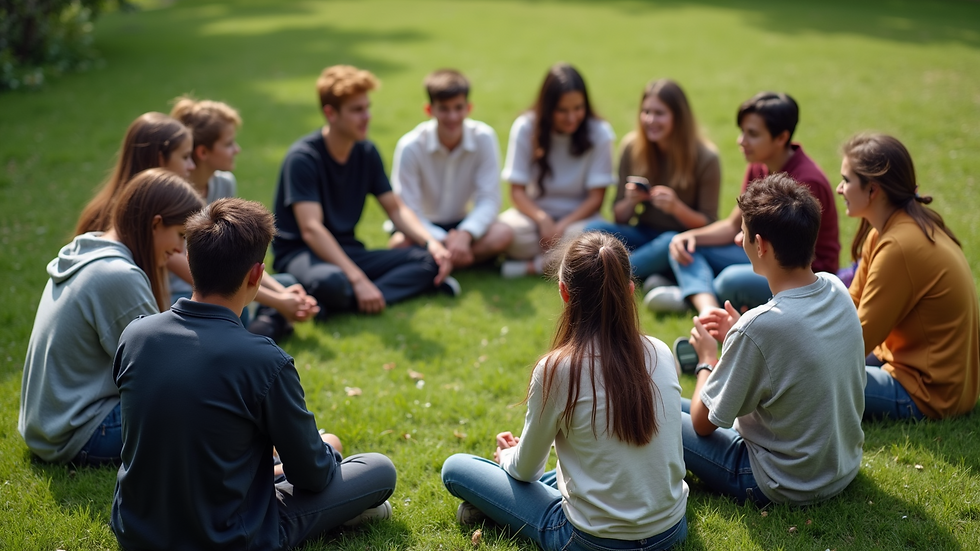 High angle view of a group of teenagers sitting in a circle outdoors, talking