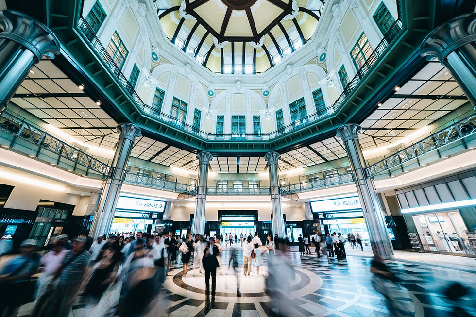A crowd with several blurred people in movement in the domed center of an elegant transportation station, by Takahiro Taguchi, from unsplash.com
