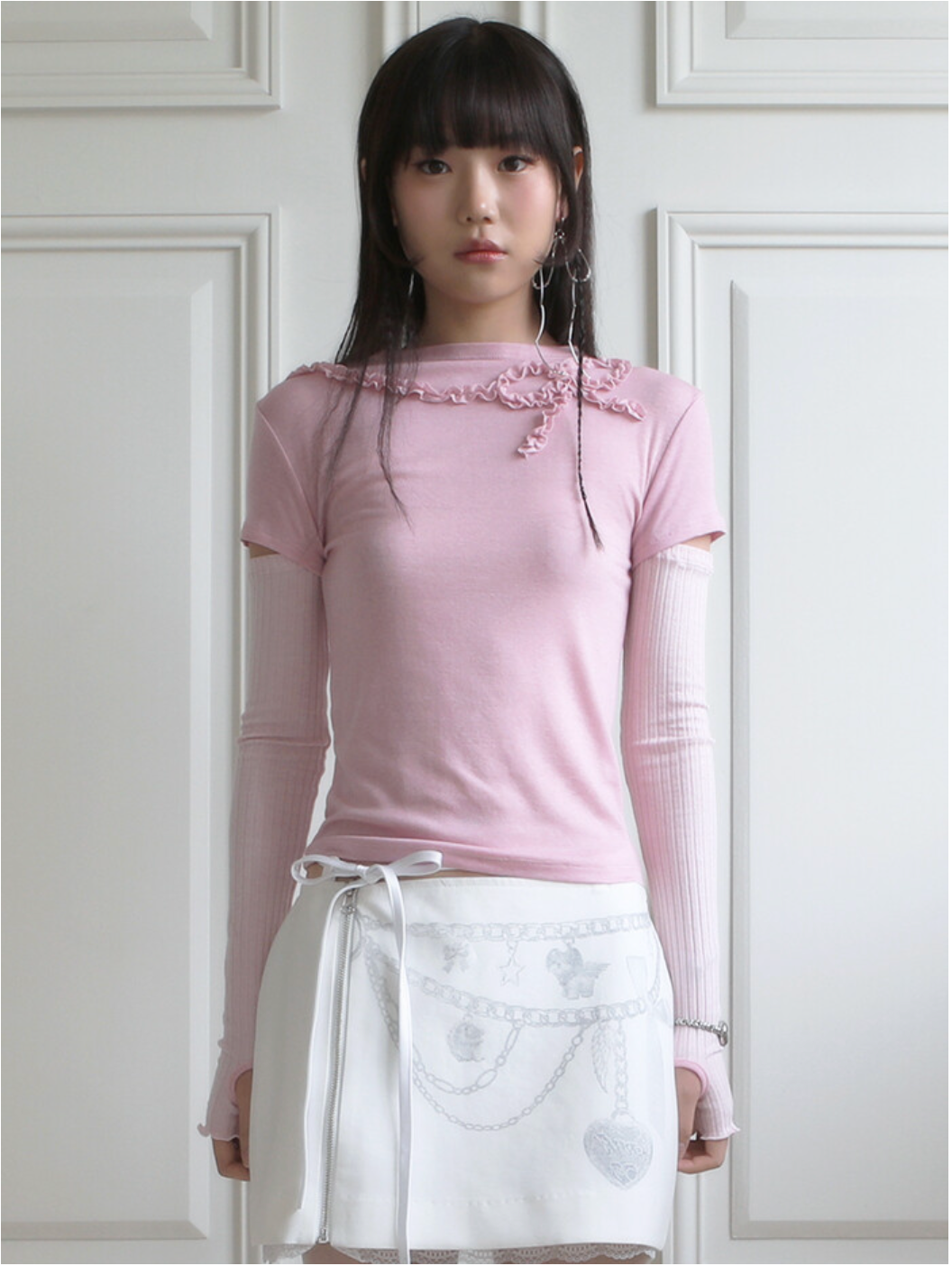 [nofficialnoffice] FRILL RIBBON SLIT SLEEVES TOP PINK