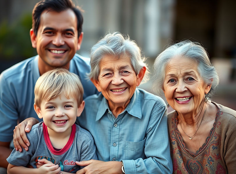 Smiling family members whose anges range from young to old.jpg