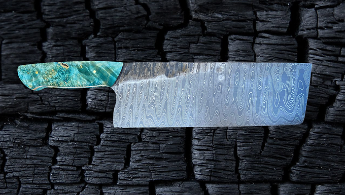 Damascus Nakiri in Blue Box Elder Burl