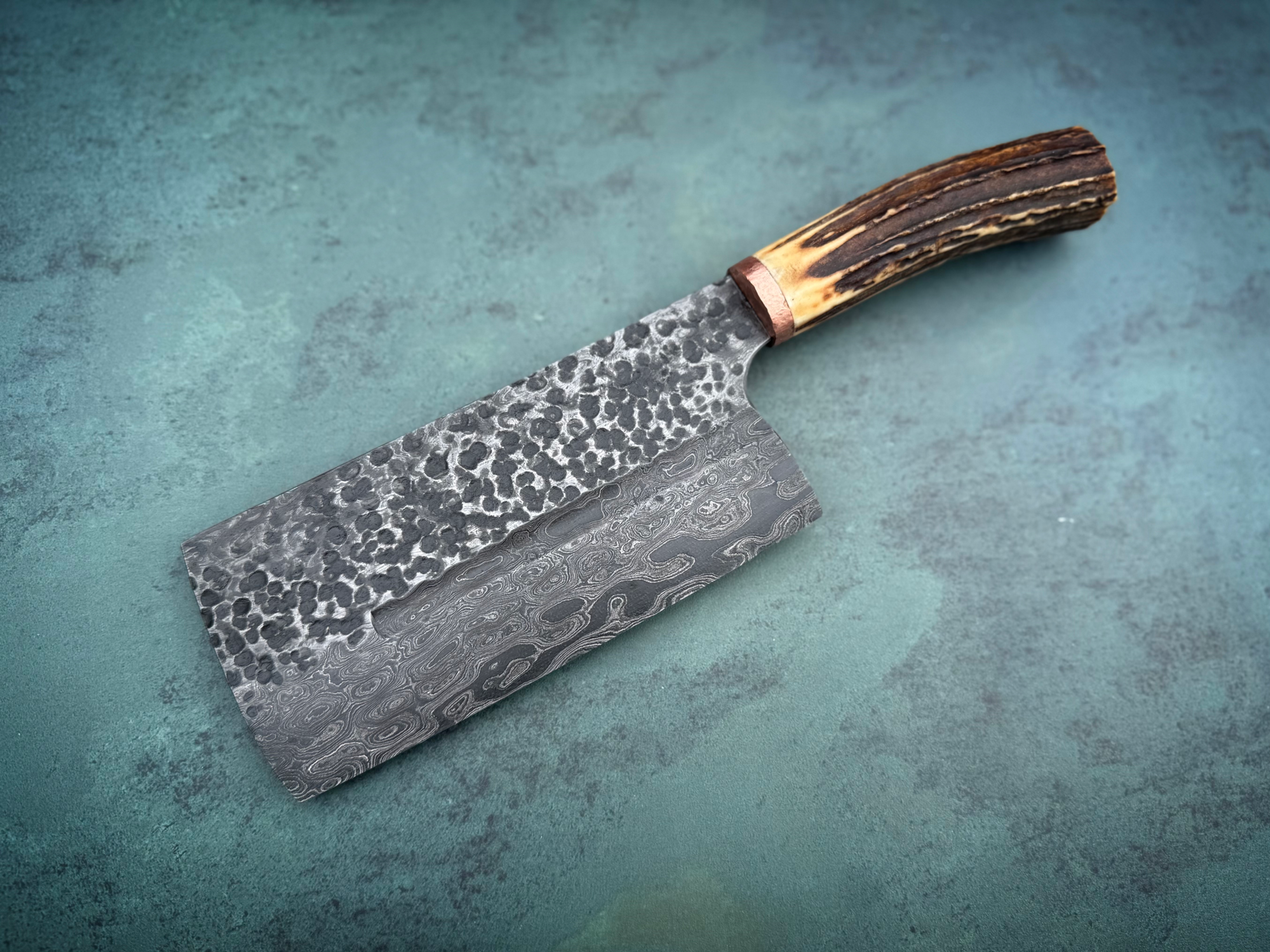 Nickel Damascus Cleaver in Stag