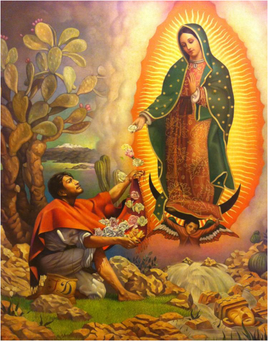 Apparition de Notre Dame à Juan Diego, en bas à droite : la tête d’une idole païenne.