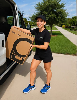 Litter Mates employee loading an automatic litter box into the service van for one-time deep cleaning