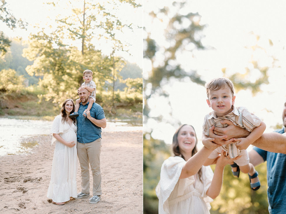 Charlottesville river maternity session with glowing mom and adventurous toddler