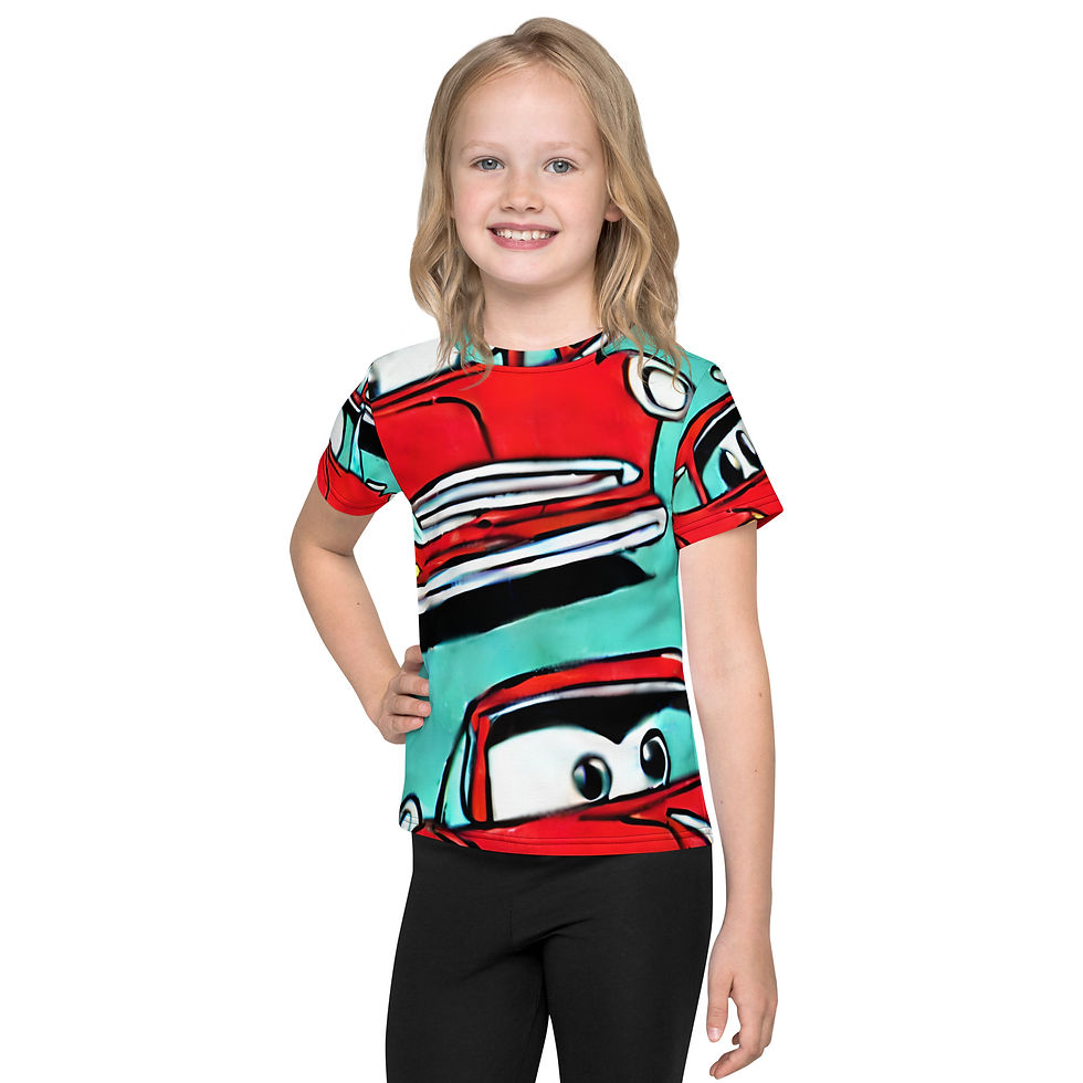 Thumbnail: Kids red cartoon cars crew neck t-shirt