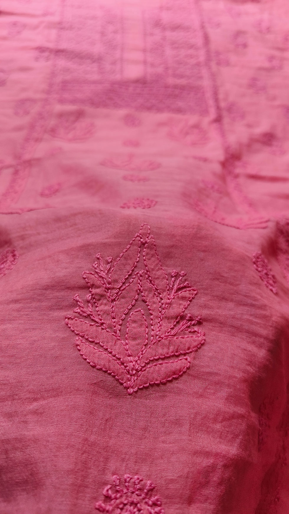 Thumbnail: SCA Mul Chanderi Unstitched  Chikankari Kurta-Dupatta Set - Bright Pink