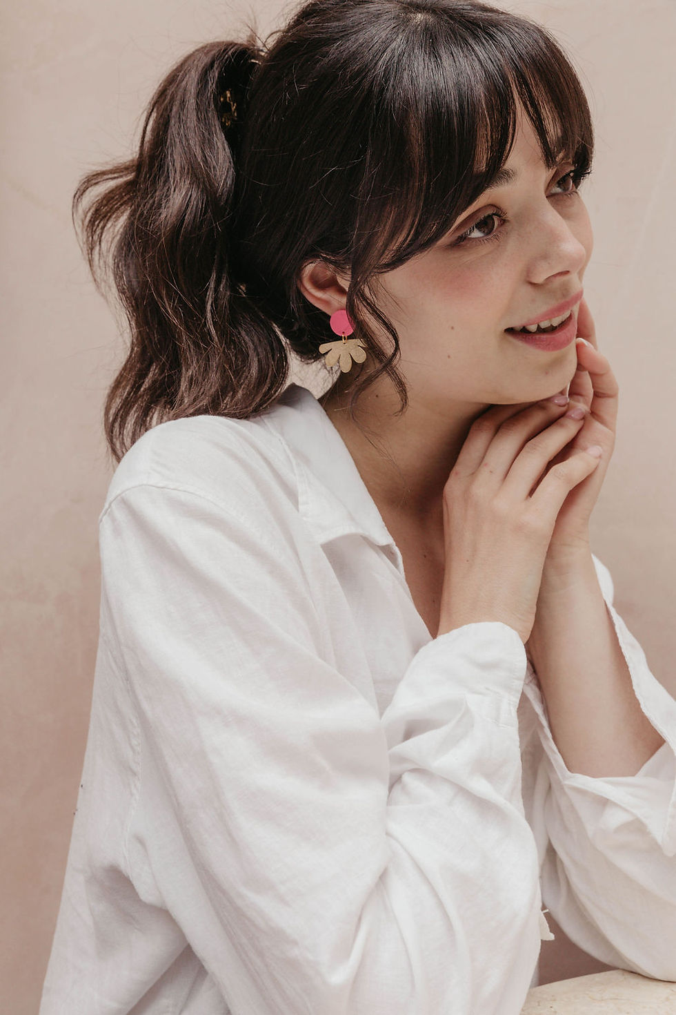 Thumbnail: Pink & Gold Flower Dangle & Drop Earrings 