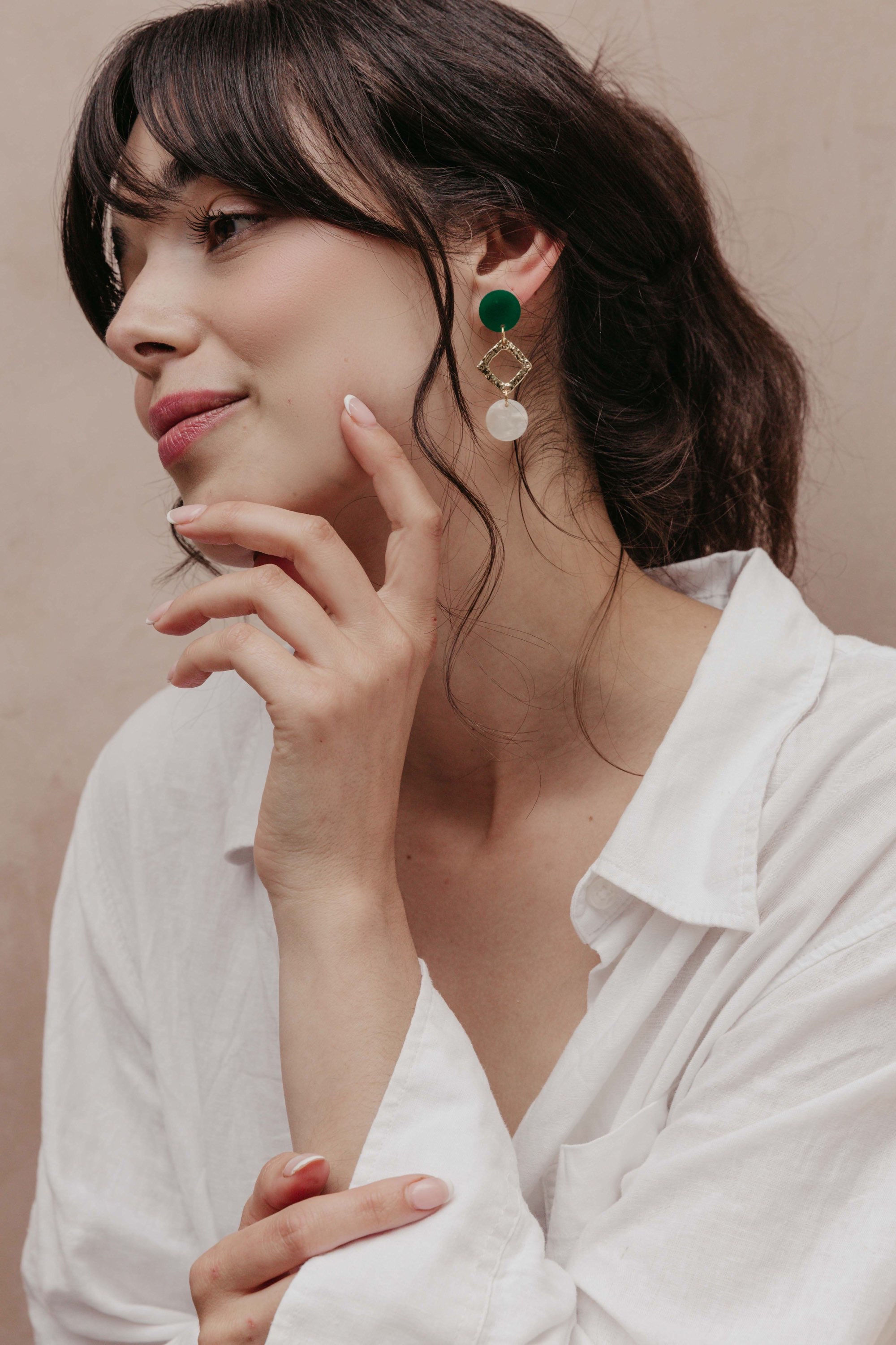 Triple Green, White & Gold Dangle Stud Earrings