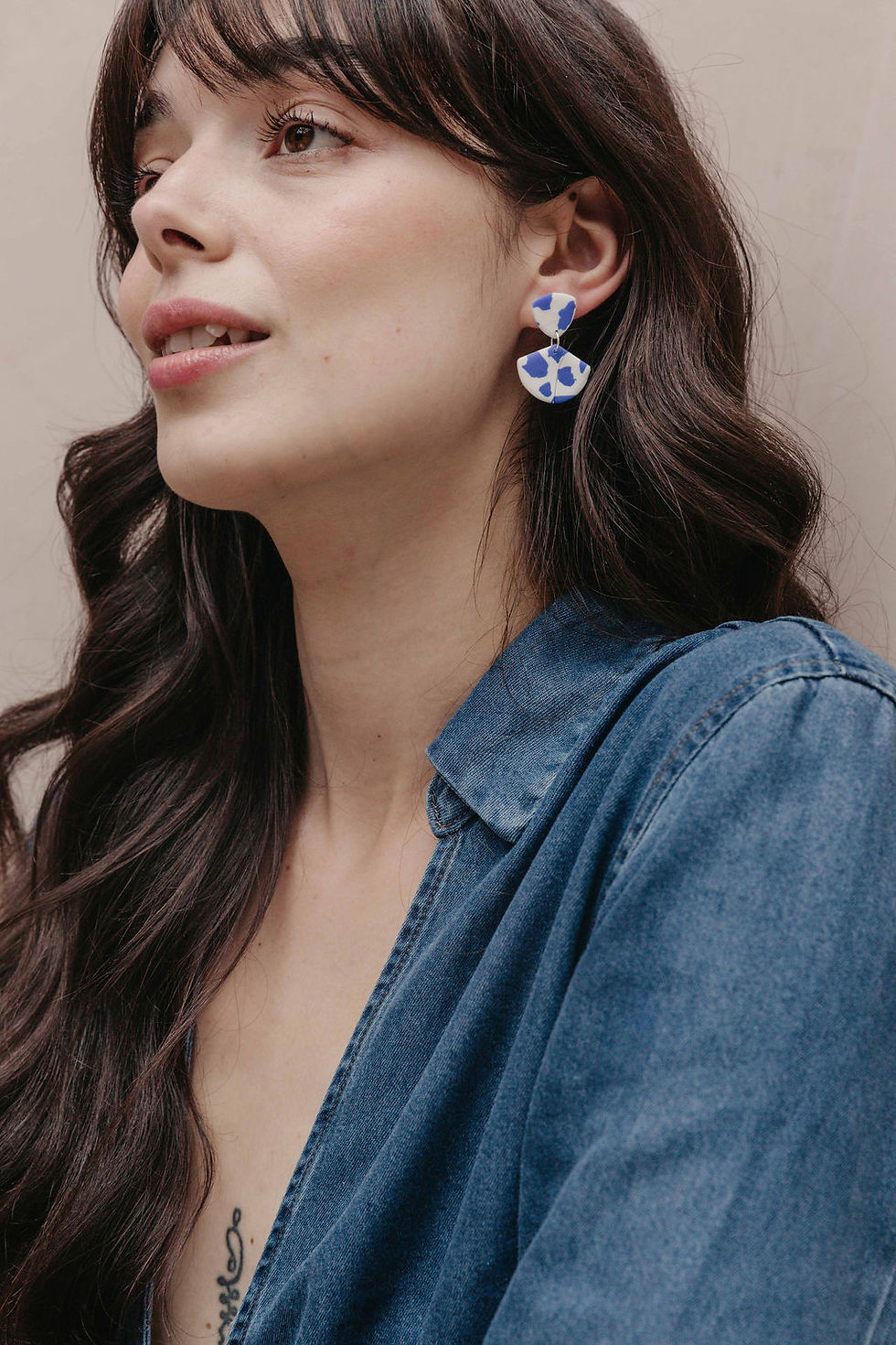 Thumbnail: Terrazzo Blue & White Clay Dangle Earrings