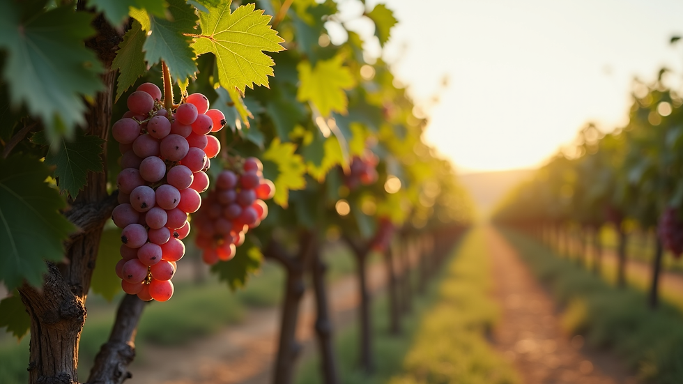 Eye-level view of a vineyard with ripe grapes ready for harvest