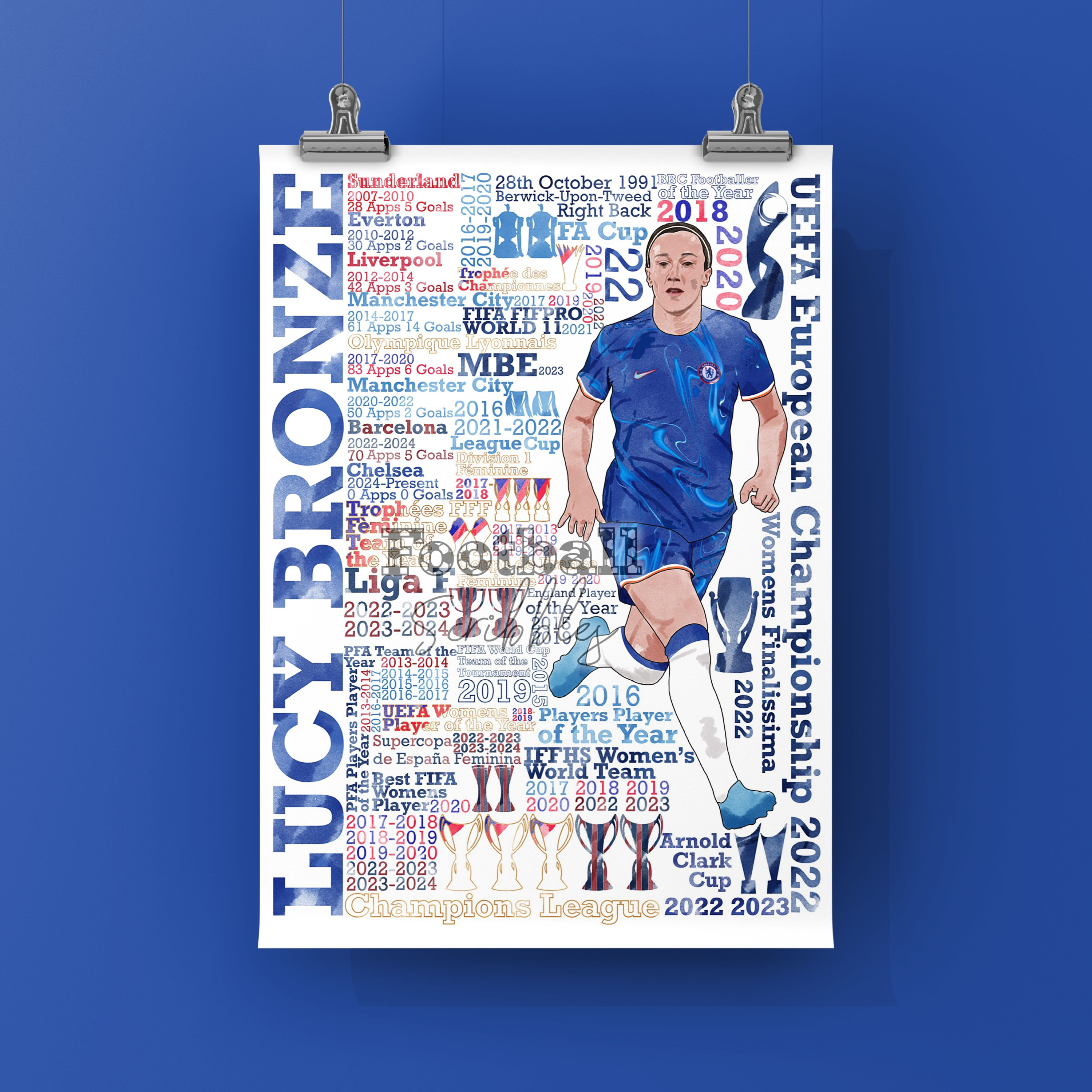 Hand Drawn print of footballer Lucy Bronze in a Chelsea kit