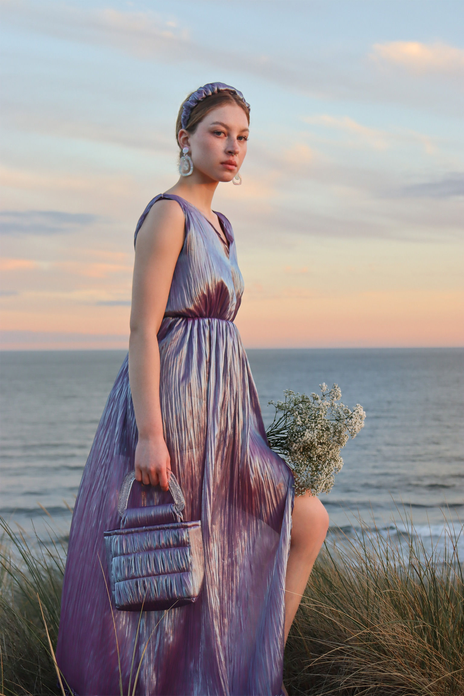 Cora V-Neck Maxi Dress in Iridescent Violet