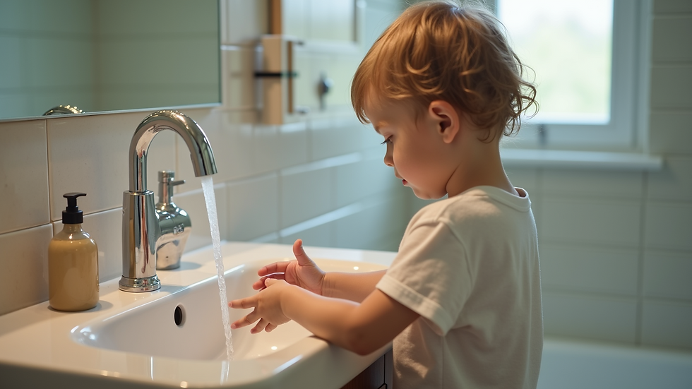 Close-up view of a child's hands washing with soap