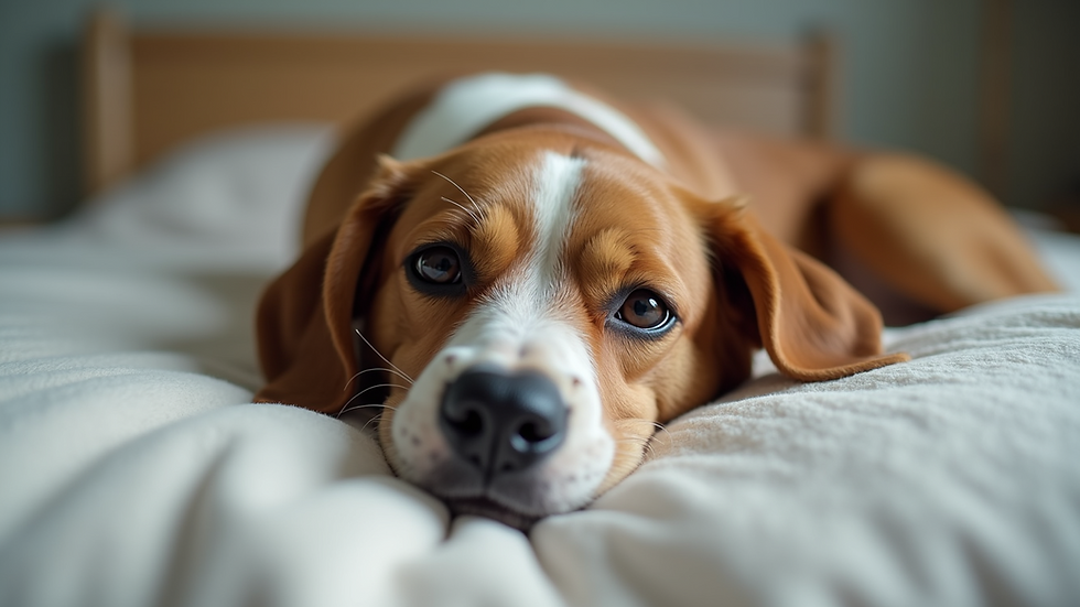Close-up view of a dog lying on a soft bed, looking uncomfortable