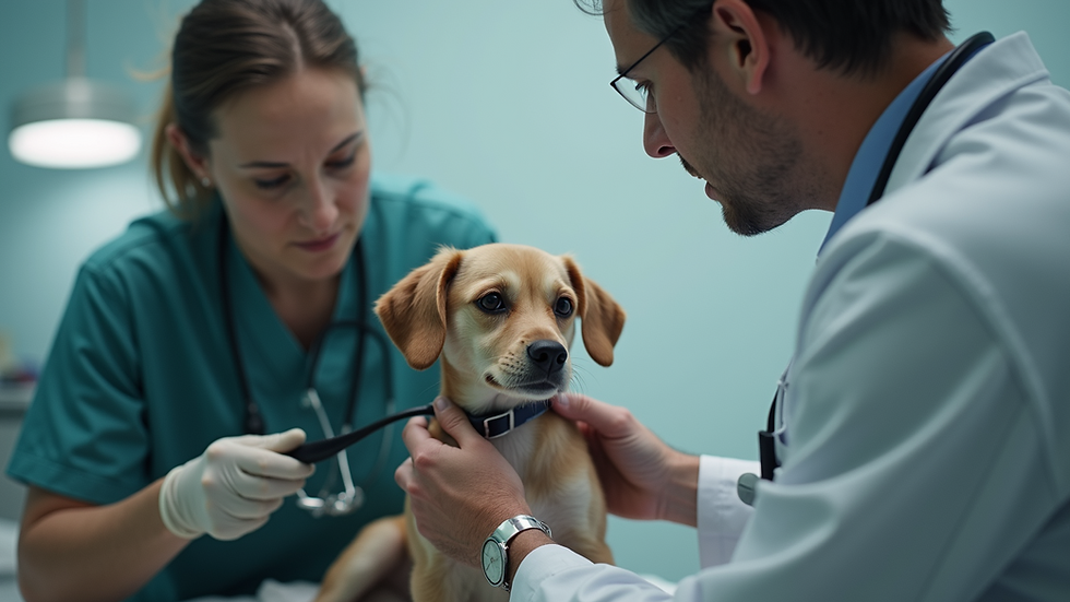 Eye-level view of a veterinarian examining a dog