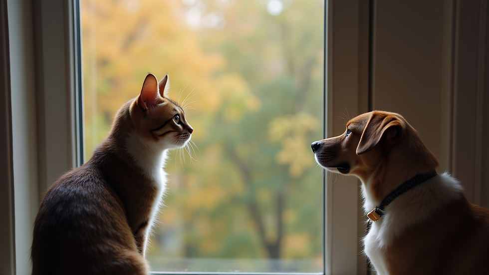 High angle view of a cat observing a dog from a safe perch