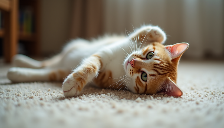 Close-up view of a cat lying comfortably on its back on a soft carpet
