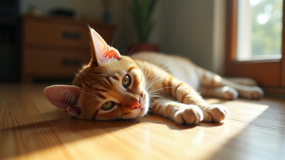 Eye-level view of a cozy indoor cat lounging in a sunny spot