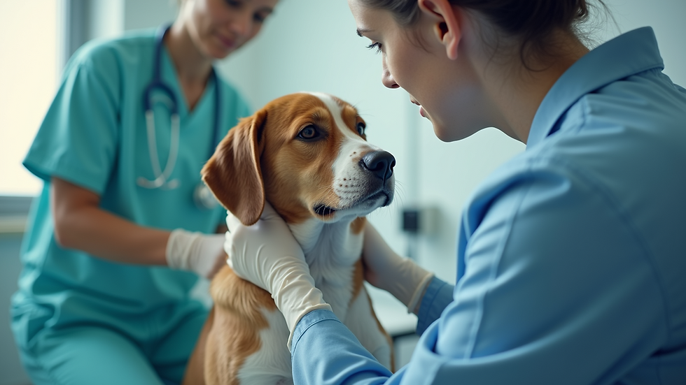 Eye-level view of a veterinarian examining a dog in a clinic