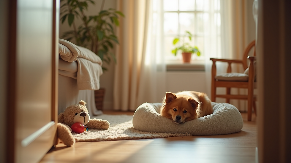 Eye-level view of a cozy pet recovery area with a comfortable bed and toys