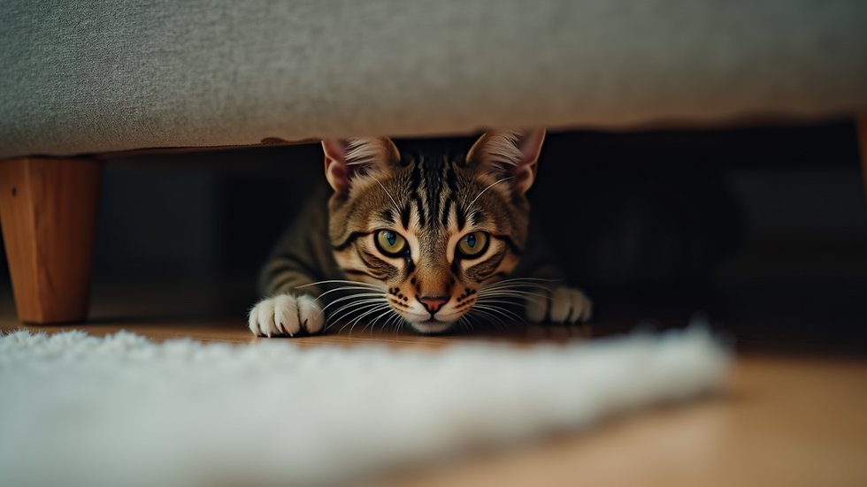Eye-level view of a cat hiding under a couch, indicating distress