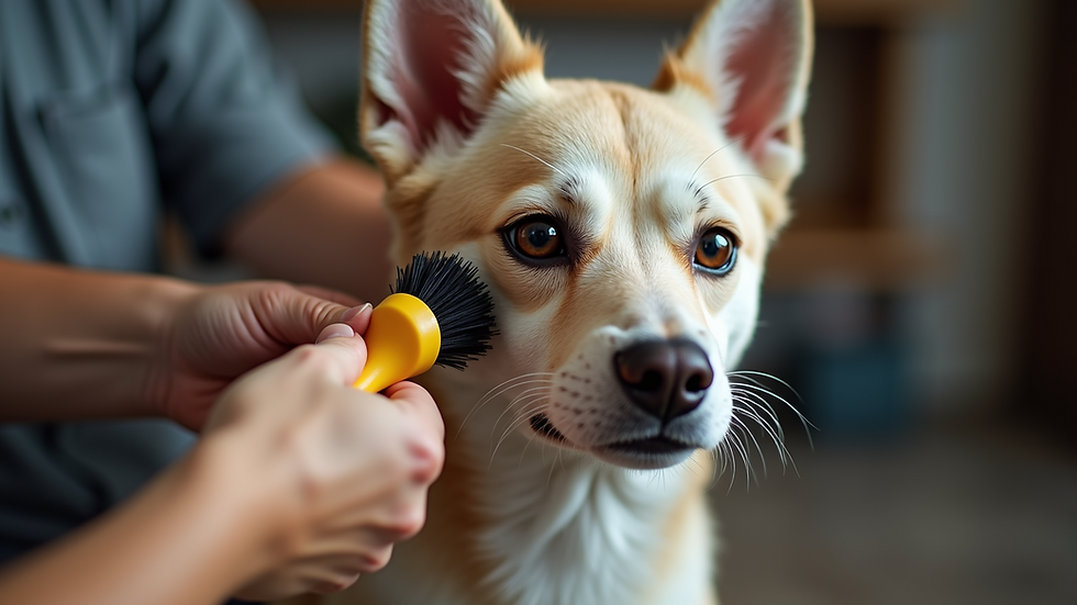 Close-up view of a dog being groomed with a brush