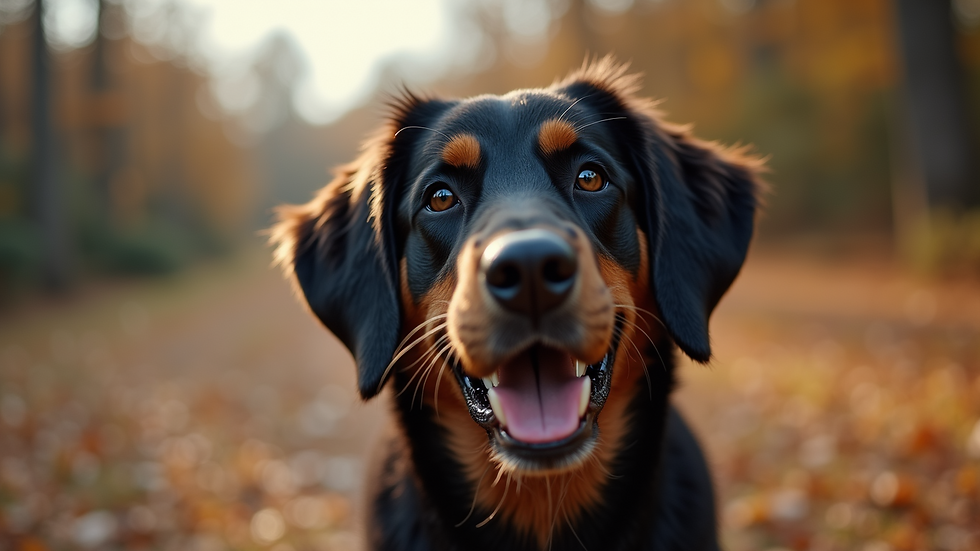 Eye-level view of a dog with a shiny coat