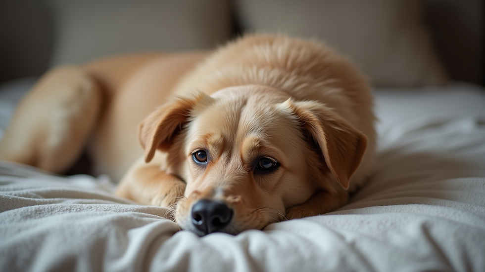 Eye-level view of a senior dog resting on a cozy bed