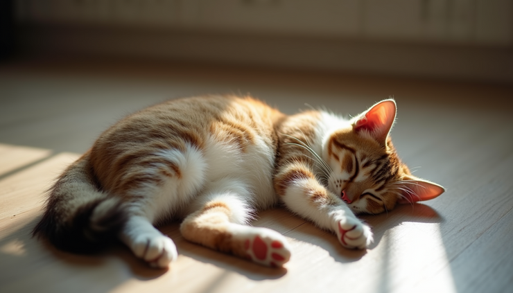 High angle view of a healthy cat resting with a full tail coat