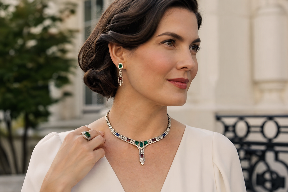 Close-up of vintage gemstone jewelry showcasing rich color saturation and antique craftsmanship details