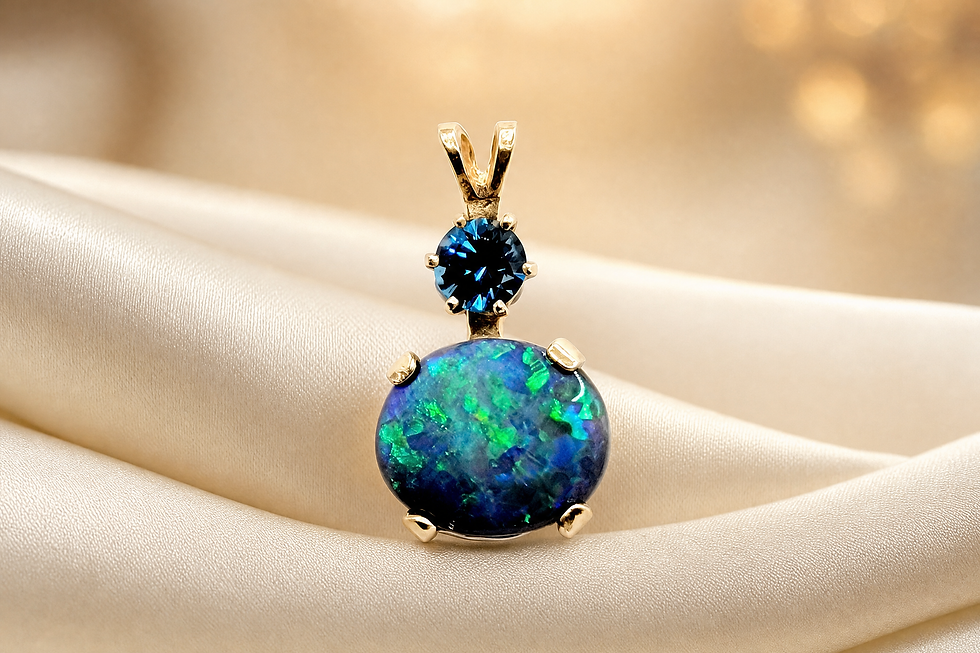Lightning Ridge Opal and London Blue Topaz 14kt yellow gold pendant #5679 — distinctive opal jewelry from Robert Michael Gems