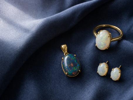 Opal jewelry collection featuring black, white, and crystal opal pieces on midnight navy silk