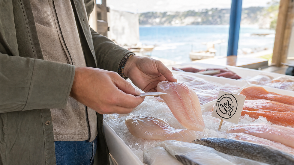 Shopper reading a seafood choice label while selecting fish at a coastal market — sustainable seafood choices that reduce shark bycatch, Plunge Waterwear dive skins dive suit UPF 50+